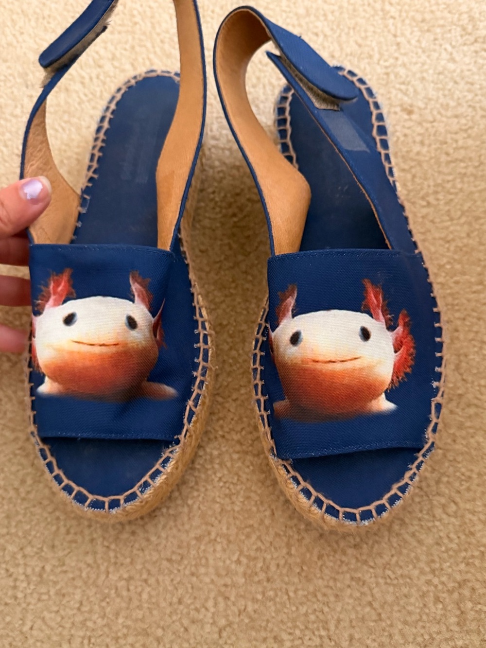 Jeffrey Campbell Navy Blue Slingback Espadrille Sandals with Axolotl Graphic
